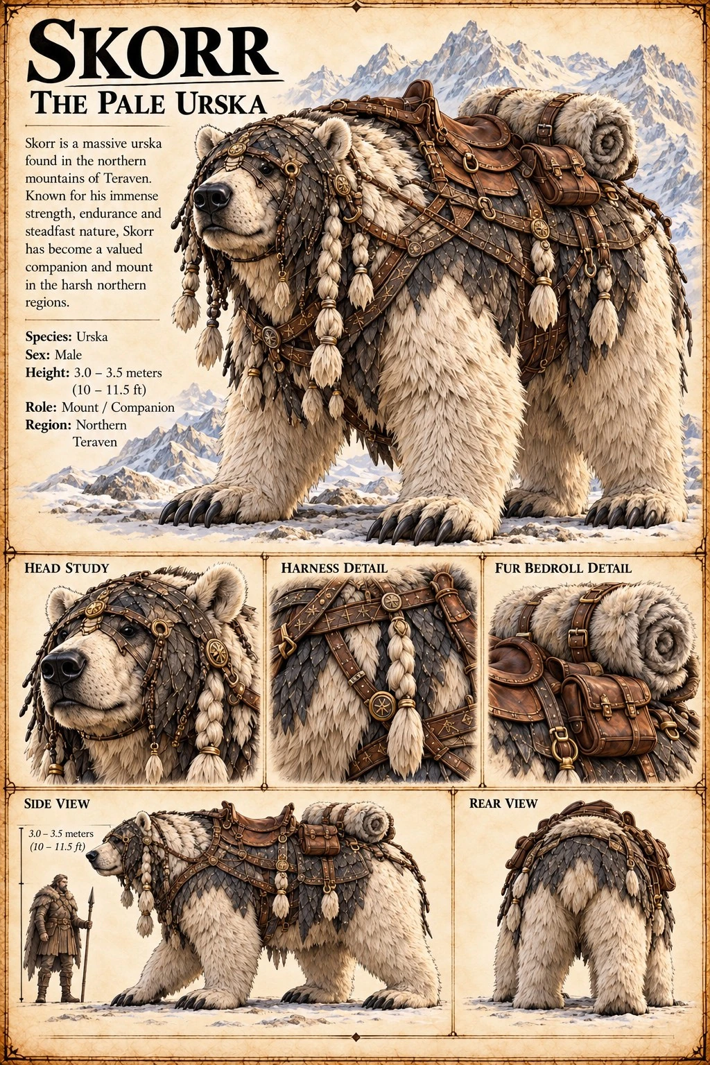 Skorr, a white Urska equipped with a saddle and travel supplies, with head, harness, fur, and multiple body views.