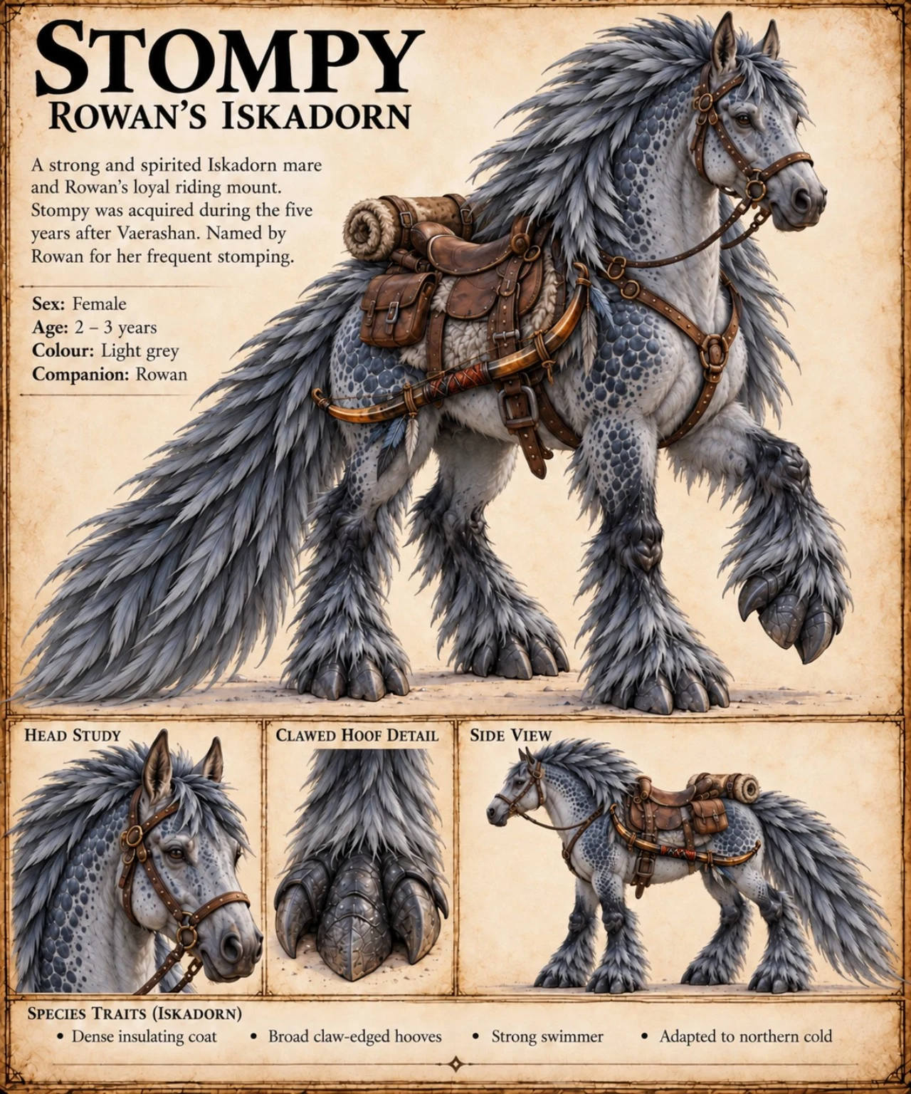 Stompy, Rowan’s light-grey Iskadorn mare, stands saddled with a raised clawed hoof, alongside head, hoof, and side-view studies.