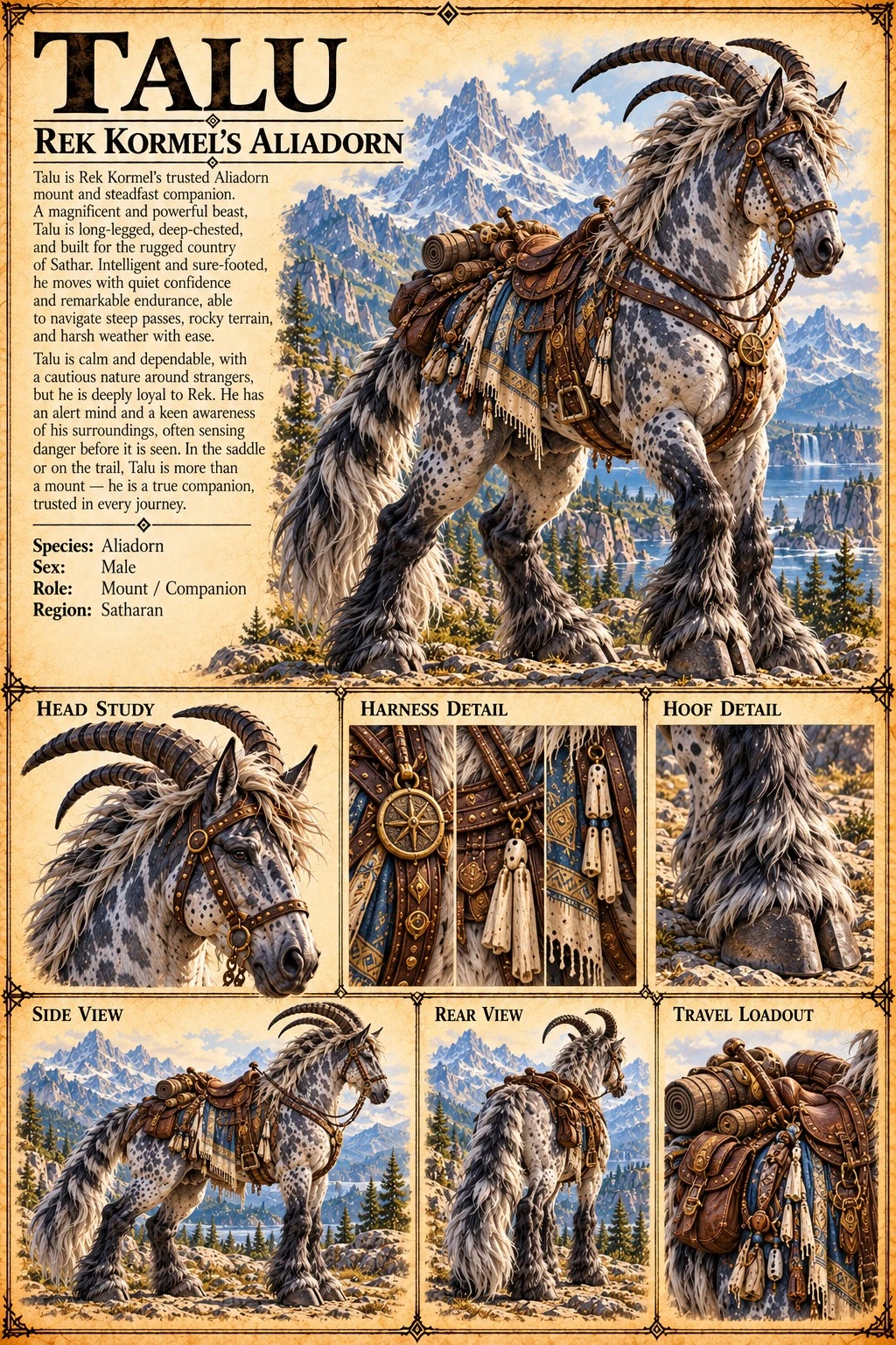 Talu, Rek Kormel’s saddled Aliadorn, with head, harness, hoof, side and rear views, and travel supplies.