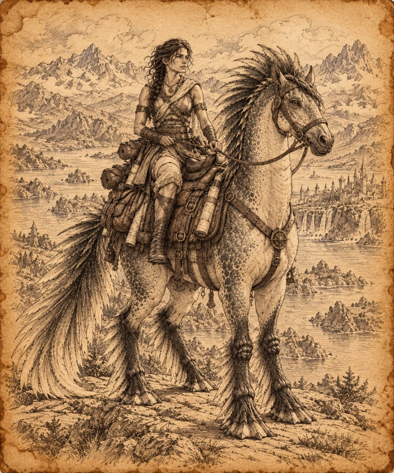 Sepia reference illustration of Taryn Solah riding a feathered mount with expedition packs above a mountain valley.
