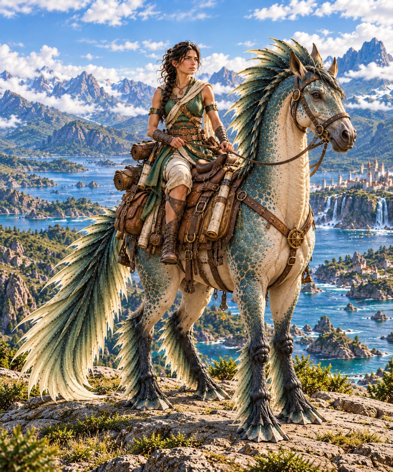 Taryn Solah rides a feathered mount carrying survey equipment on a sunlit ridge above a mountainous coast.