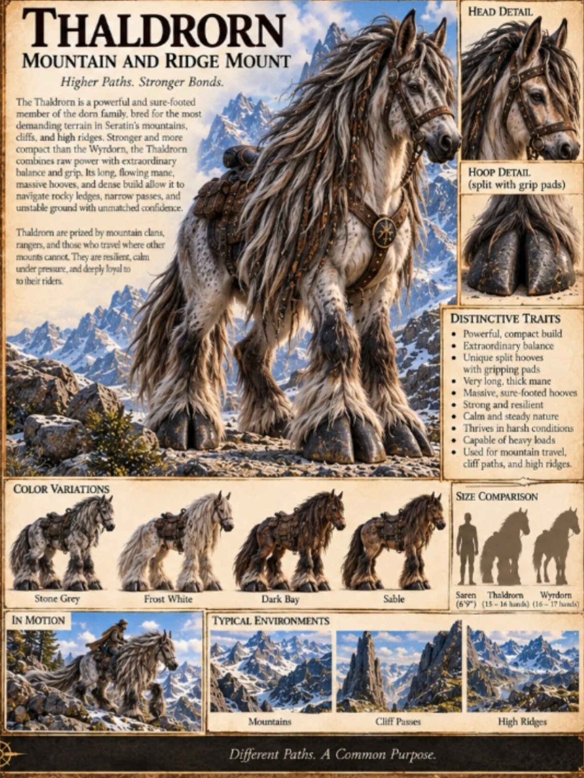 A long-haired Thaldrorn stands saddled on a mountain ridge, with head studies, coat variations, size comparisons, and habitat scenes.