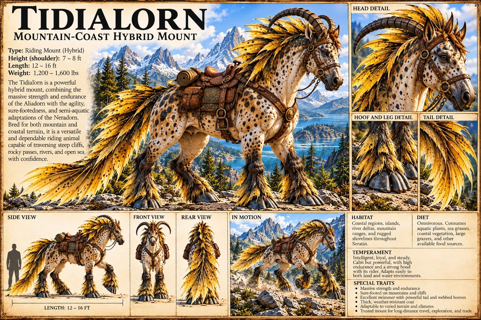 A spotted Tidialorn with golden feathering carries riding equipment beside a mountain lake, with anatomical studies and a coastal scene.