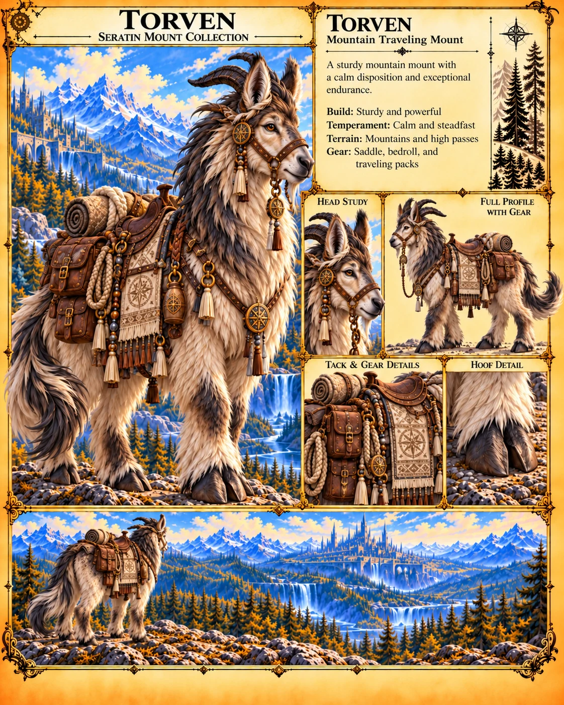 Reference sheet showing Torven, a shaggy mountain traveling mount, with a loaded saddle, head and hoof studies, tack details, and mountain scenery.