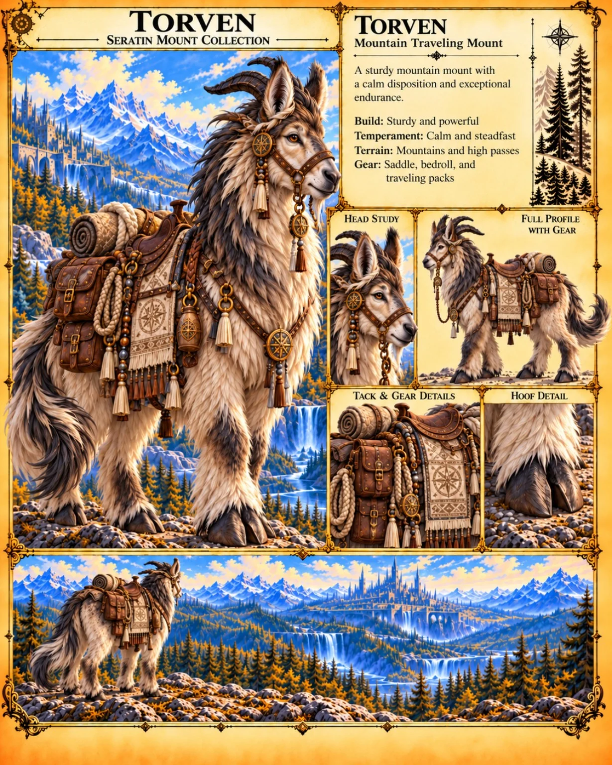 Reference plate showing Torven, a long-eared traveling mount, with saddle and pack equipment, head studies, and a mountain landscape.