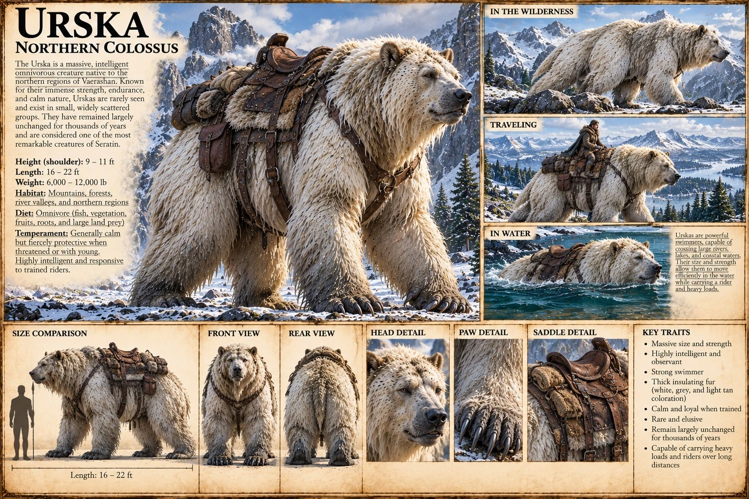A saddled white Urska with riding gear, head, paw, and size studies, and scenes of travel through snowy country.