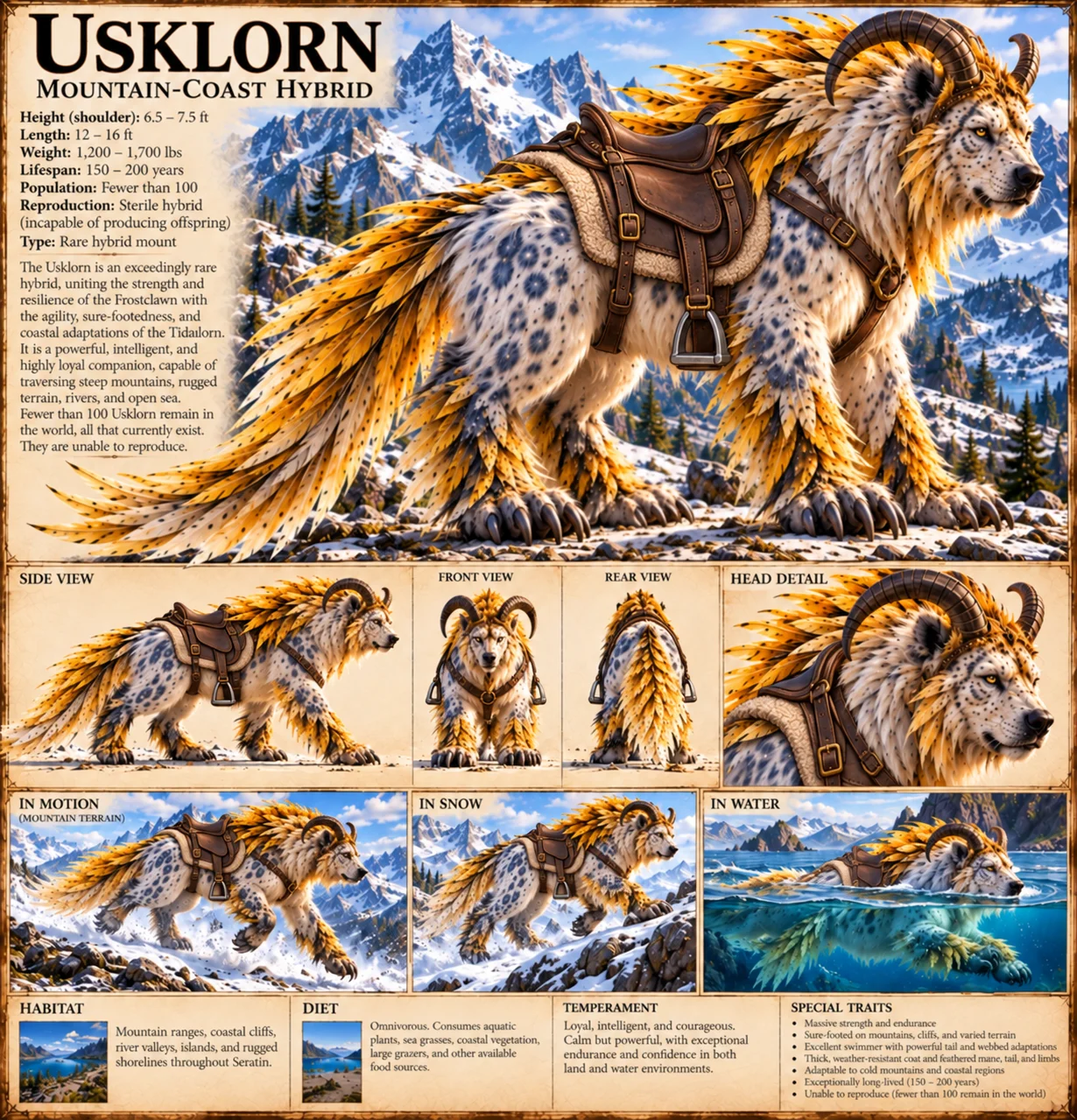 Usklorn, an exceedingly rare, sterile hybrid of the Frostclawn and Tidalorn, a ram-horned, snow-spotted mount with a golden feathered mane and tail, stands saddled in snowy mountains, with side, front, rear and head views, studies of it moving through mountain terrain, snow and water, and notes on habitat, diet, temperament and traits. Fewer than 100 remain in the world.