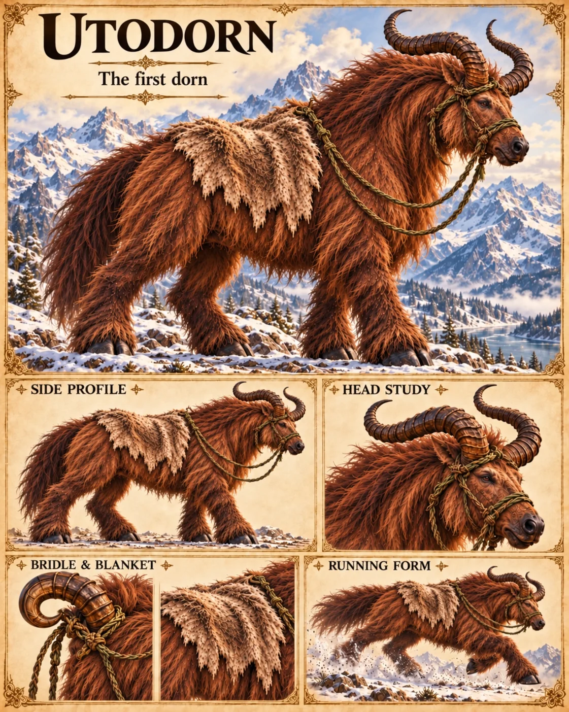 Utodorn, the first dorn: a shaggy, russet, ram-horned mount with a fur blanket and braided rope bridle in snowy mountains, with side profile, head study, bridle and blanket details, and running form.