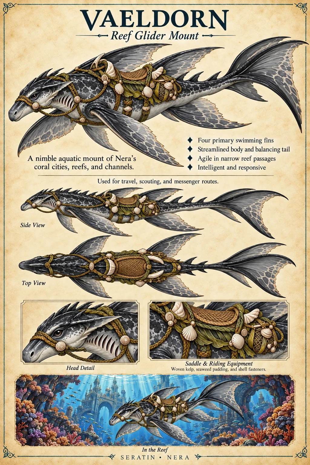 A streamlined Vaeldorn appears with riding equipment, anatomical studies, and an underwater reef scene.