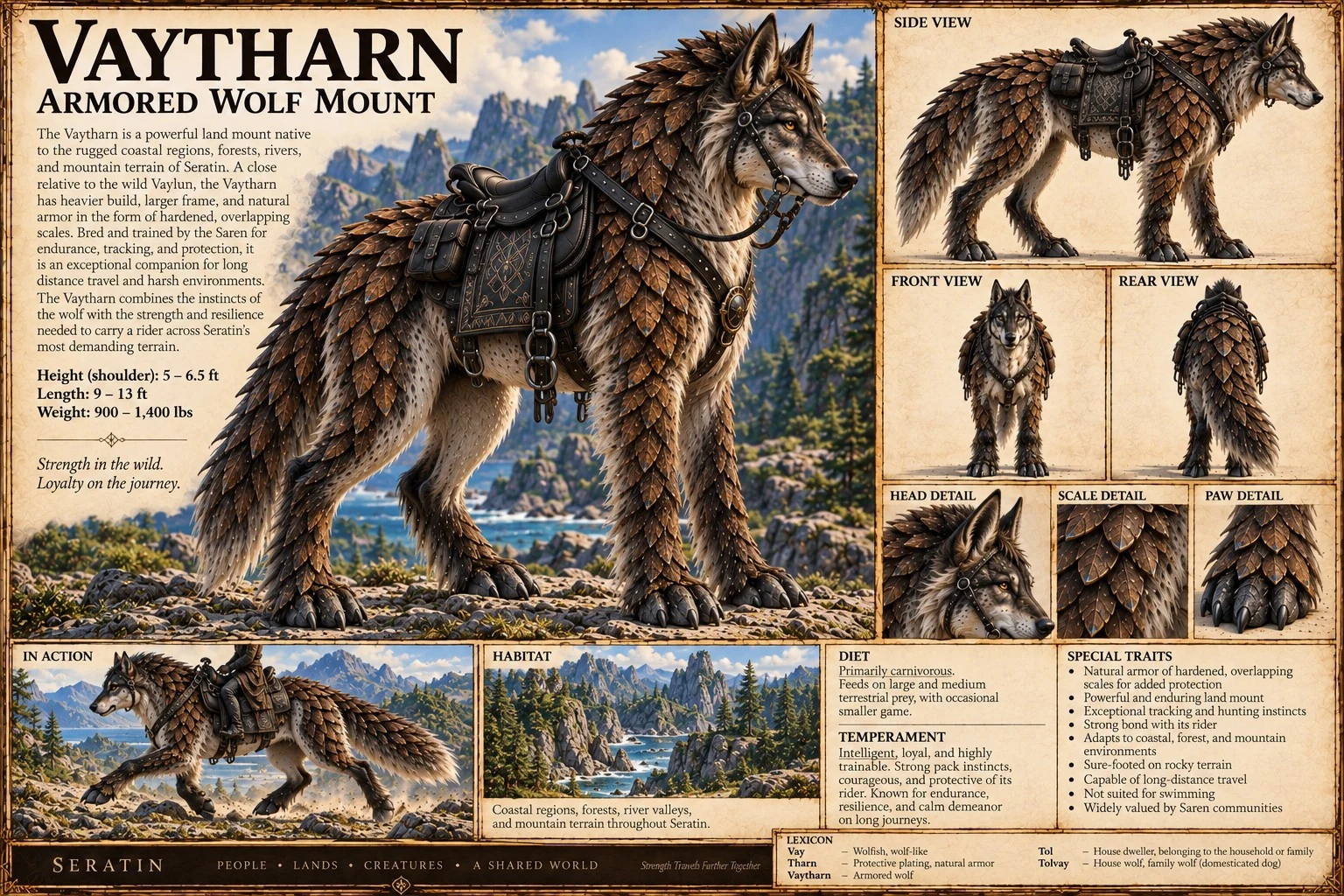 A shaggy Vaytharn wears armor and a saddle, with anatomical studies, riding equipment, and mountain habitat scenes.