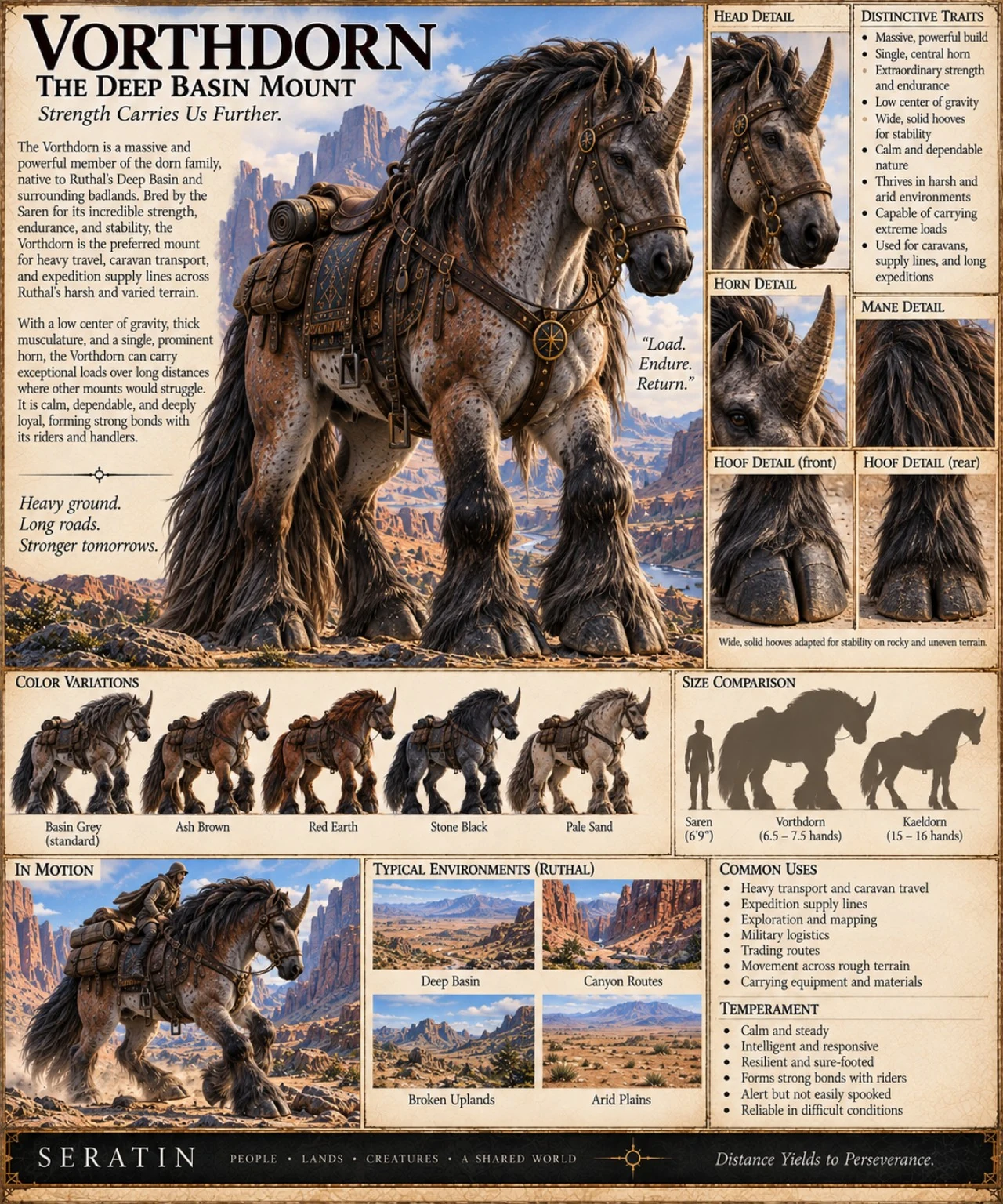 A dark, heavy-built Vorthdorn carries a saddle in a rocky landscape, with anatomical studies, coat variations, and habitat scenes.