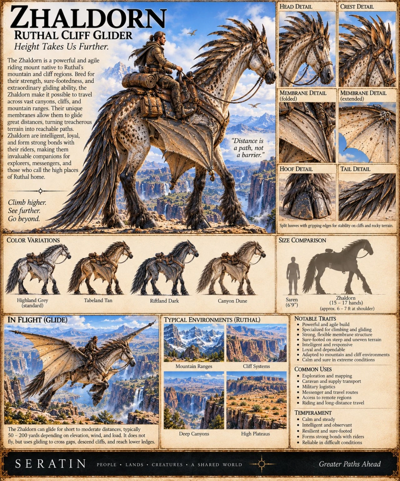 A saddled Zhaldorn carries a rider, with wing, foot, and tack details, coat variations, and cliff-gliding scenes.
