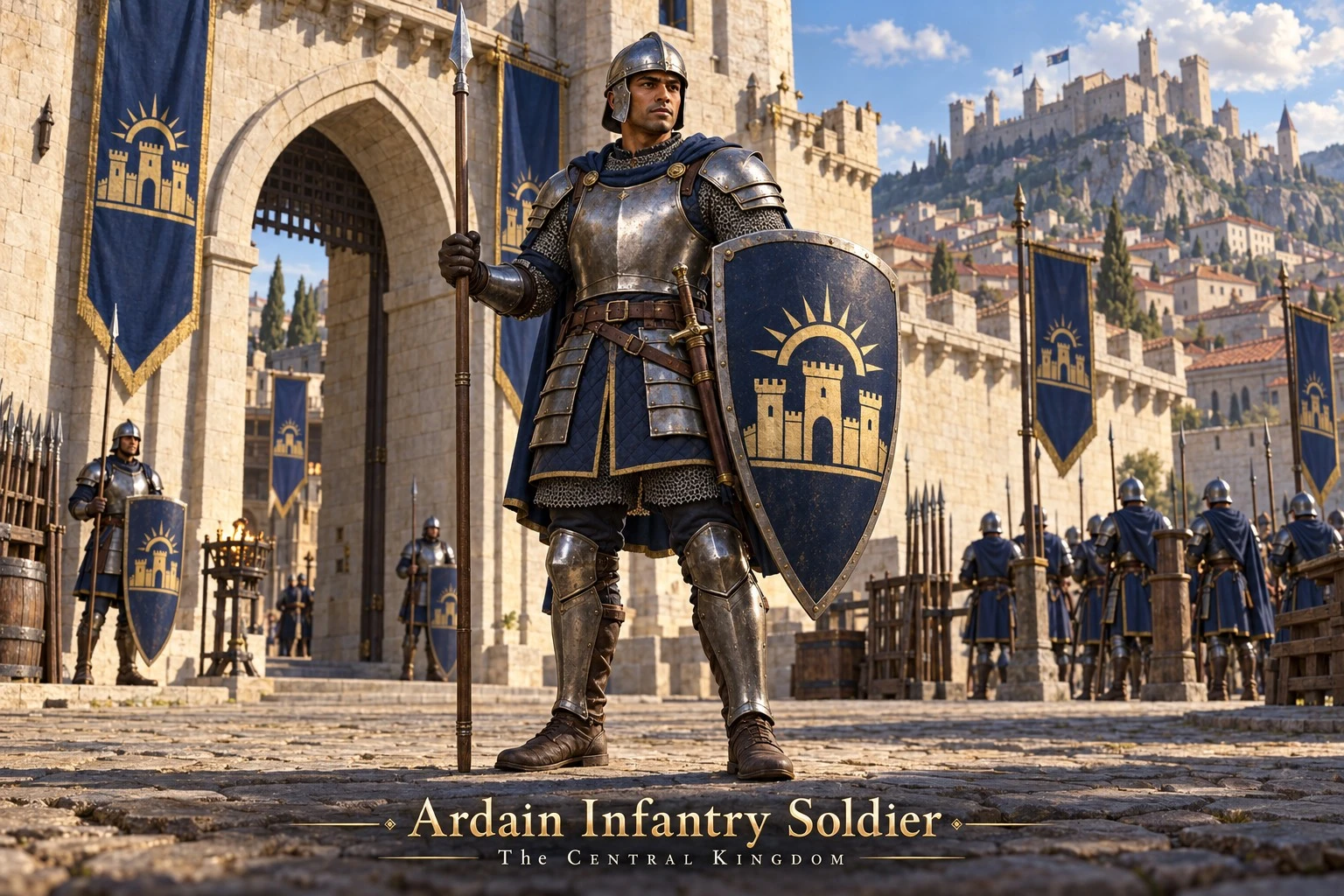 An armored infantry soldier with a spear and shield outside city gates.
