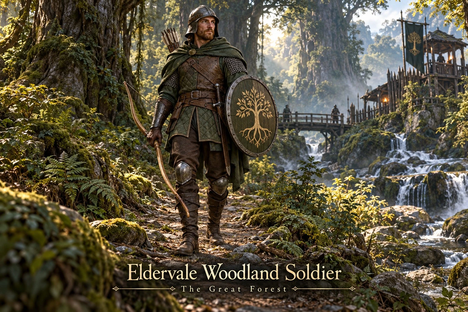 A soldier with a tree-emblazoned shield on a forest village path.