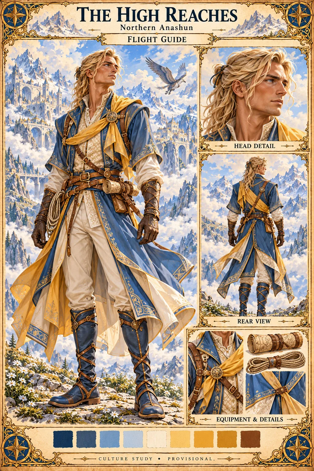 Culture study of a Flight Guide of the High Reaches in northern Anashun, a long-haired man in a blue coat with a golden scarf, leather gloves, harness straps, a coiled rope and a rolled map, with a winged flyer in the sky behind him, and head, rear-view and equipment studies.