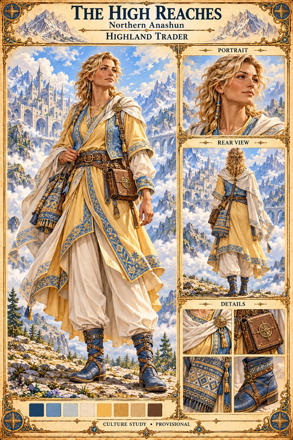 Culture study of a Highland Trader of the High Reaches in northern Anashun, a woman with curly blonde hair in a golden robe with blue embroidered trim, a cream shawl, a compass-stamped leather satchel and a woven tasselled bag, with portrait, rear-view, satchel, bag and boot studies.
