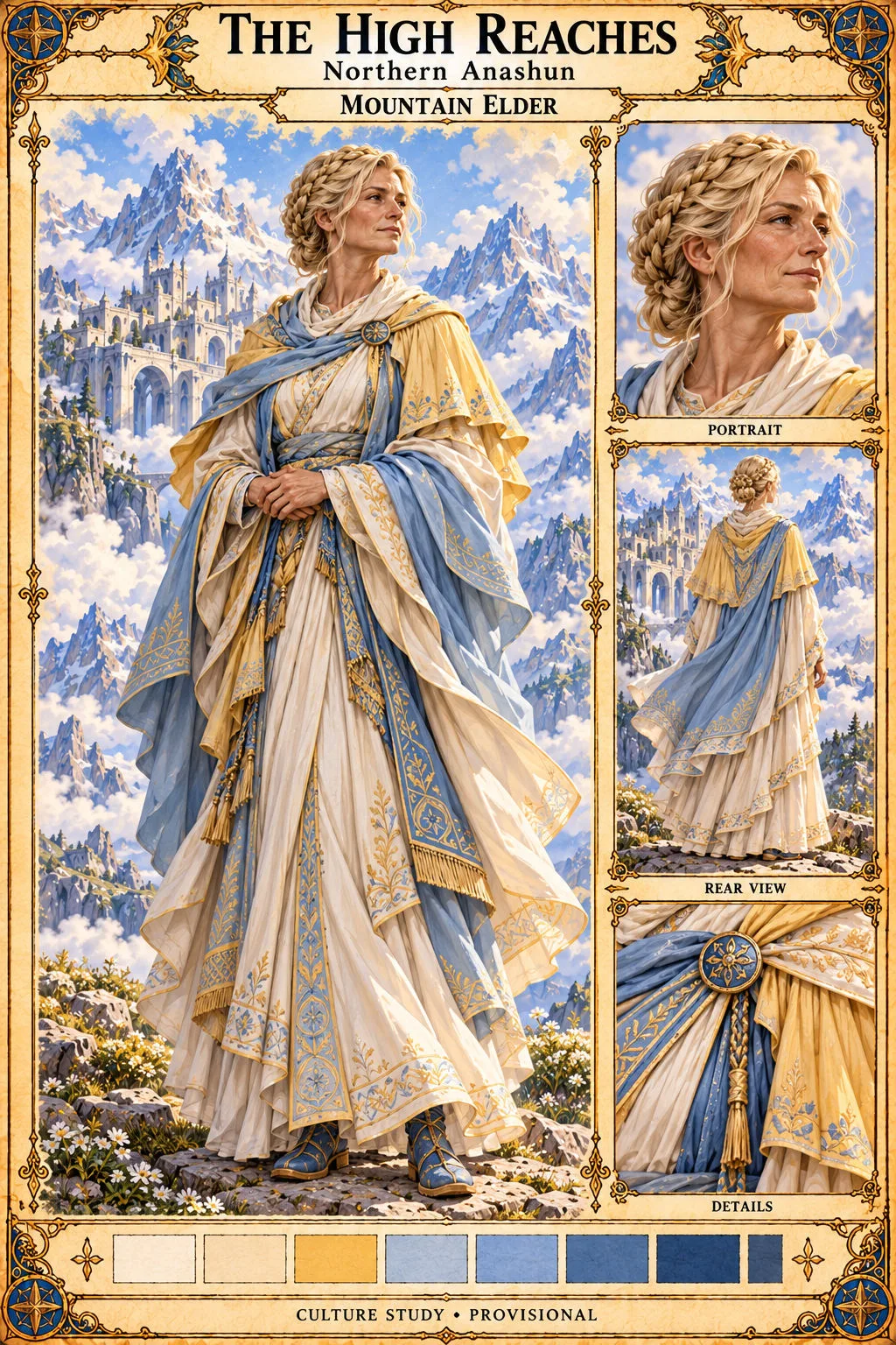 Culture study of a Mountain Elder of the High Reaches in northern Anashun, an older woman with braided hair in layered cream robes, a golden cape and a blue embroidered shawl fastened with a round clasp, standing among wildflowers before a white mountain city, with portrait, rear-view and clothing detail studies.