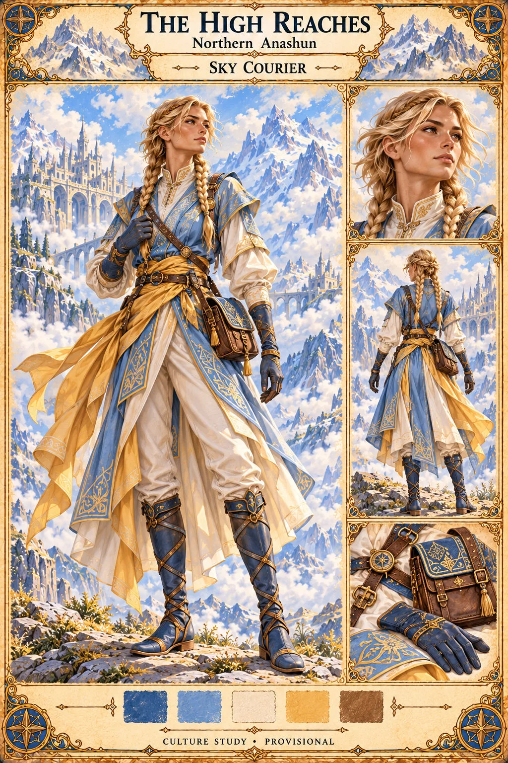 Culture study of a Sky Courier of the High Reaches in northern Anashun, a woman with long blonde braids in a blue and cream tunic with flowing golden sashes, a leather satchel, gauntlets and laced blue boots, standing on a mountainside before a white cliff city, with portrait, rear-view and equipment studies and a blue, cream, gold and brown colour palette.