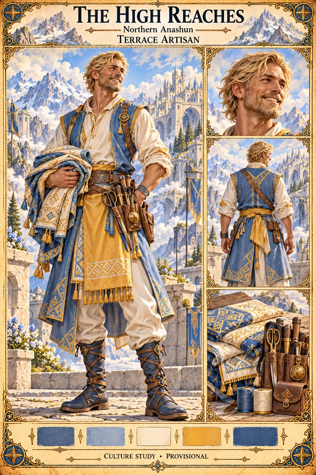 Culture study of a Terrace Artisan of the High Reaches in northern Anashun, a smiling, curly-haired man in a blue embroidered vest and golden apron carrying folded patterned textiles, with a tool belt of shears and awls, shown on a stone terrace below a white mountain city, with portrait, rear-view and textile and tool studies.