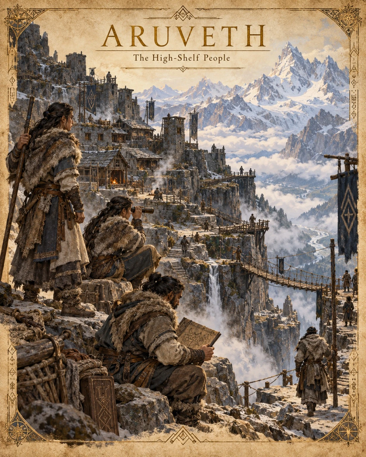 Fur-clad people overlook a terraced stone settlement beneath snowy mountain peaks.