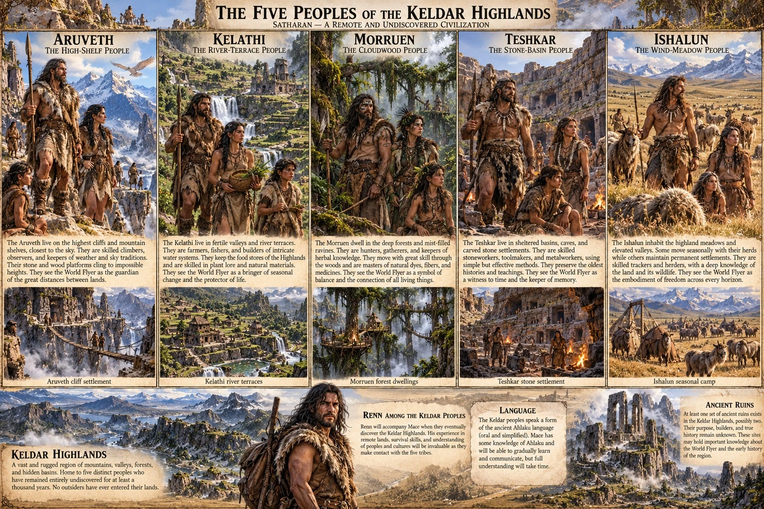 Illustrated overview of the five Keldar peoples, with portraits, mountain settlements, landscapes, and cultural notes.