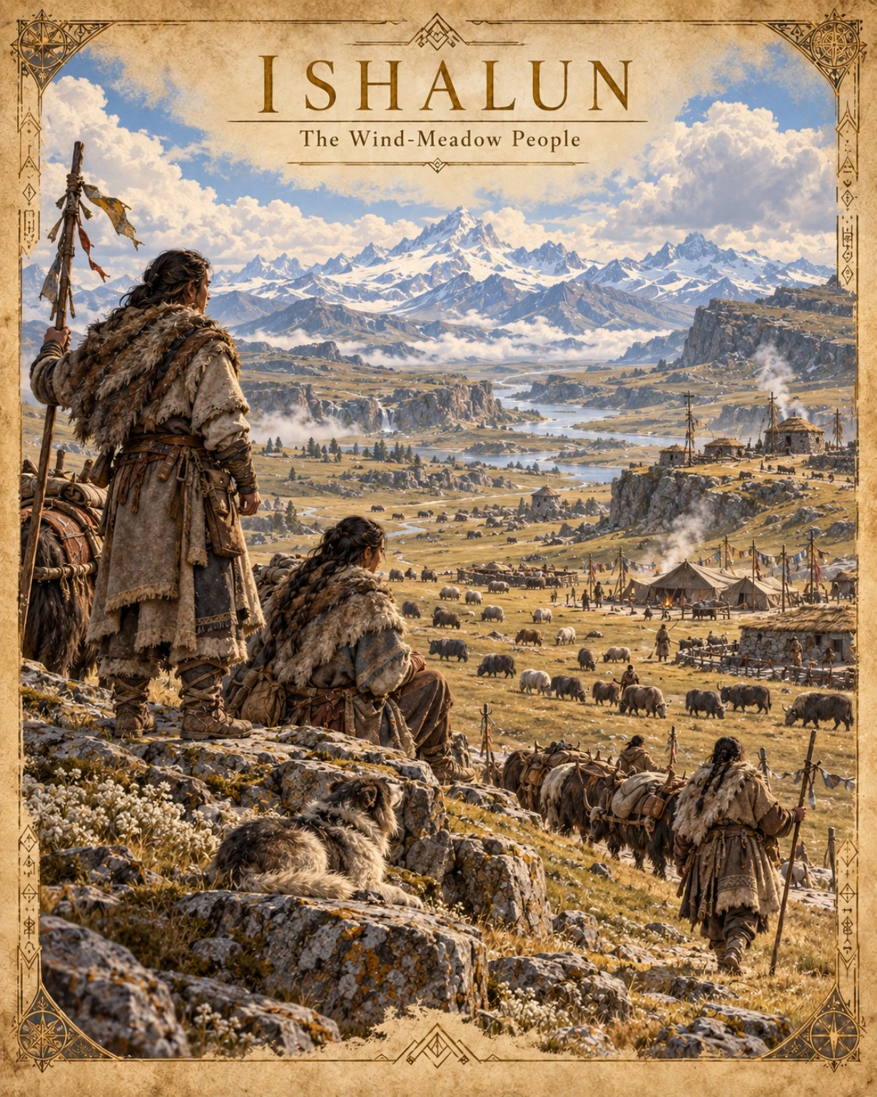 People watch grazing herds across golden mountain meadows beneath snowy peaks.