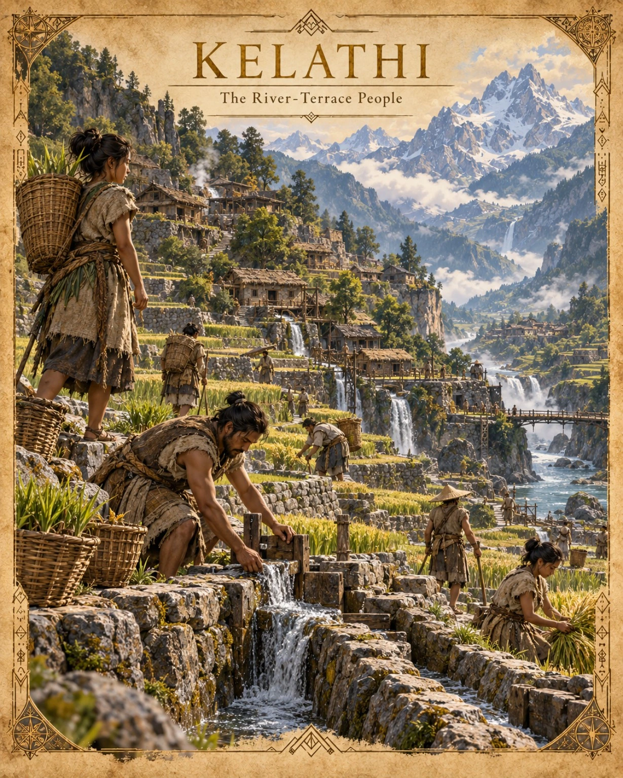 People tend lush terraced fields and waterways on a mountain slope.