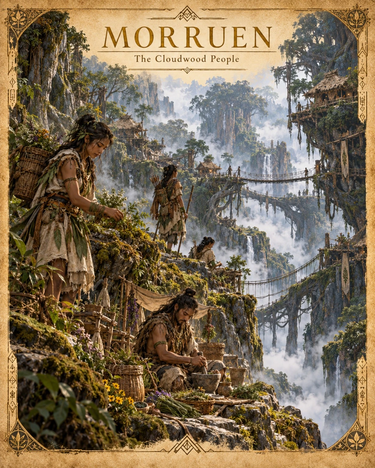 People gather on forested mountain terraces and rope bridges above a misty valley.