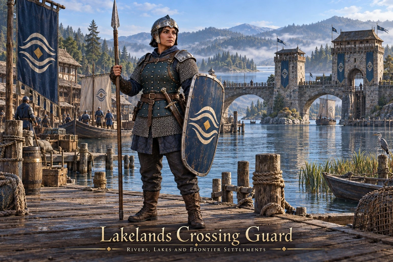 A guard with a spear and shield beside a lakeside stone bridge.