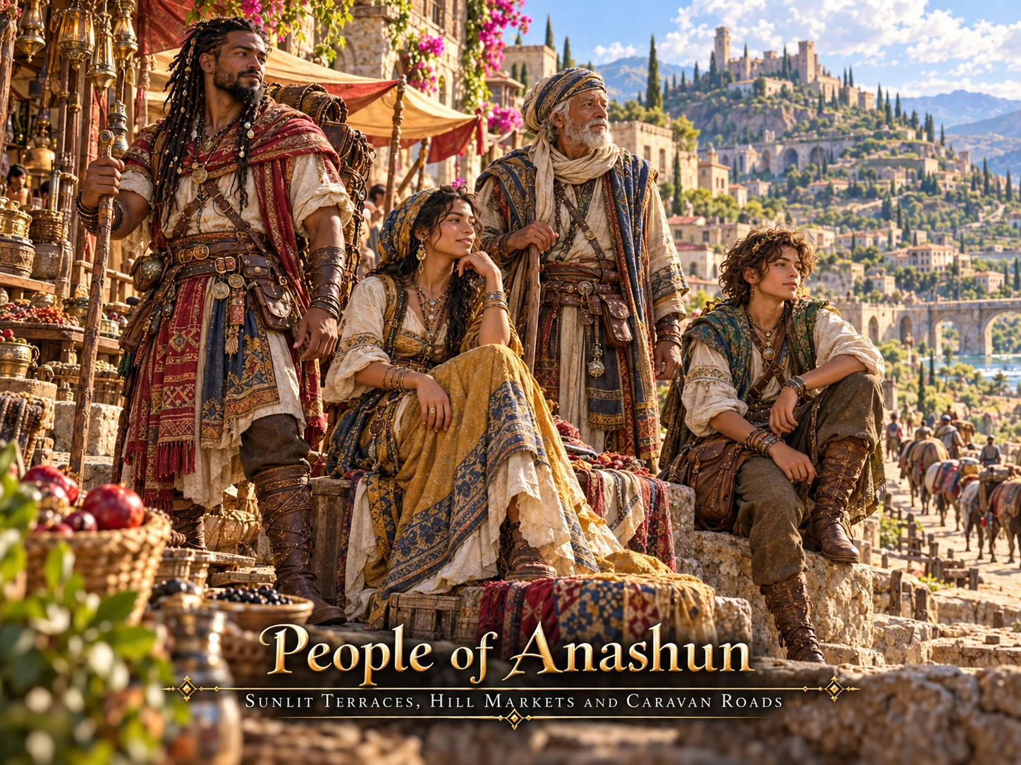 Market residents with colorful fabrics and baskets overlooking a hillside town.