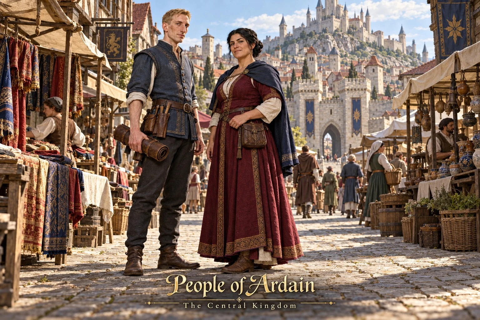 Two townspeople in a stone-paved market street below a hilltop city.