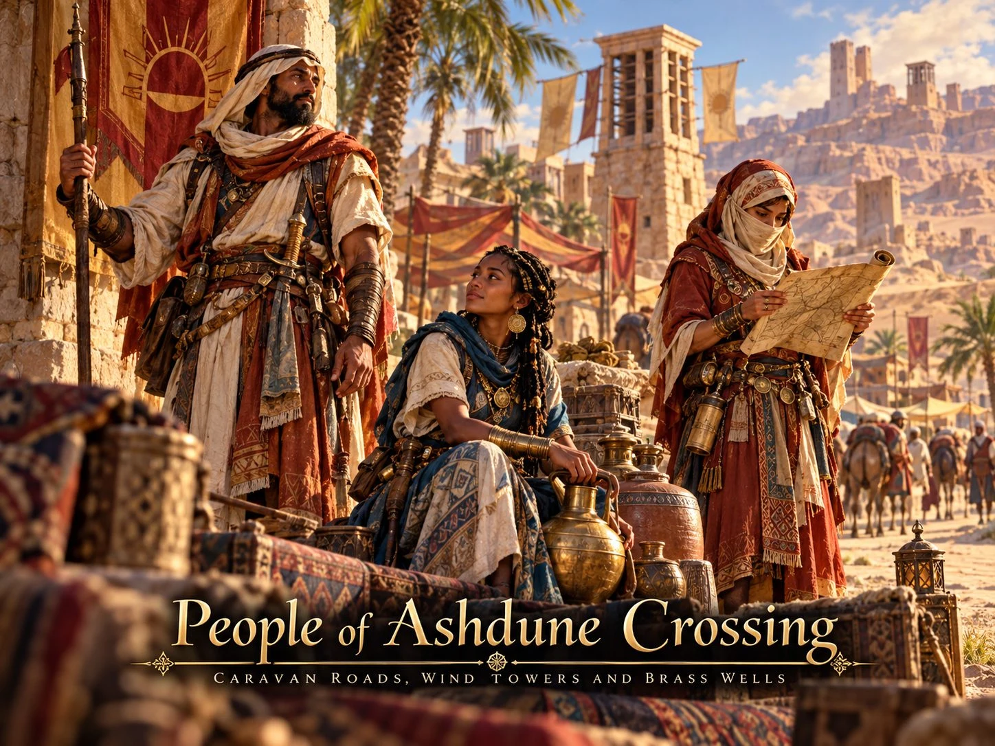 Desert residents in robes and head coverings gather in a sunlit market among sandstone buildings.