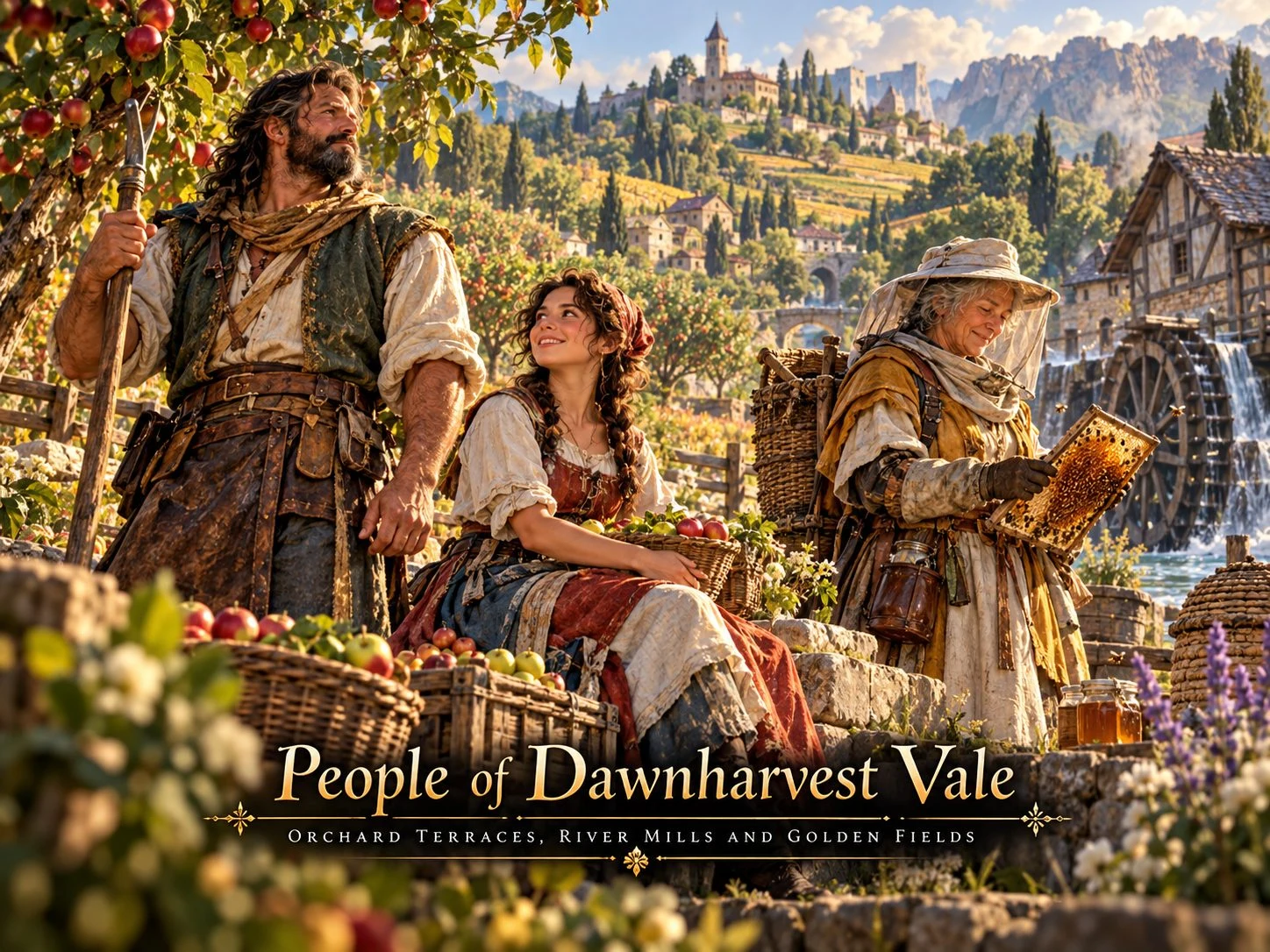 Villagers gather with baskets of produce in a sunlit farming valley.
