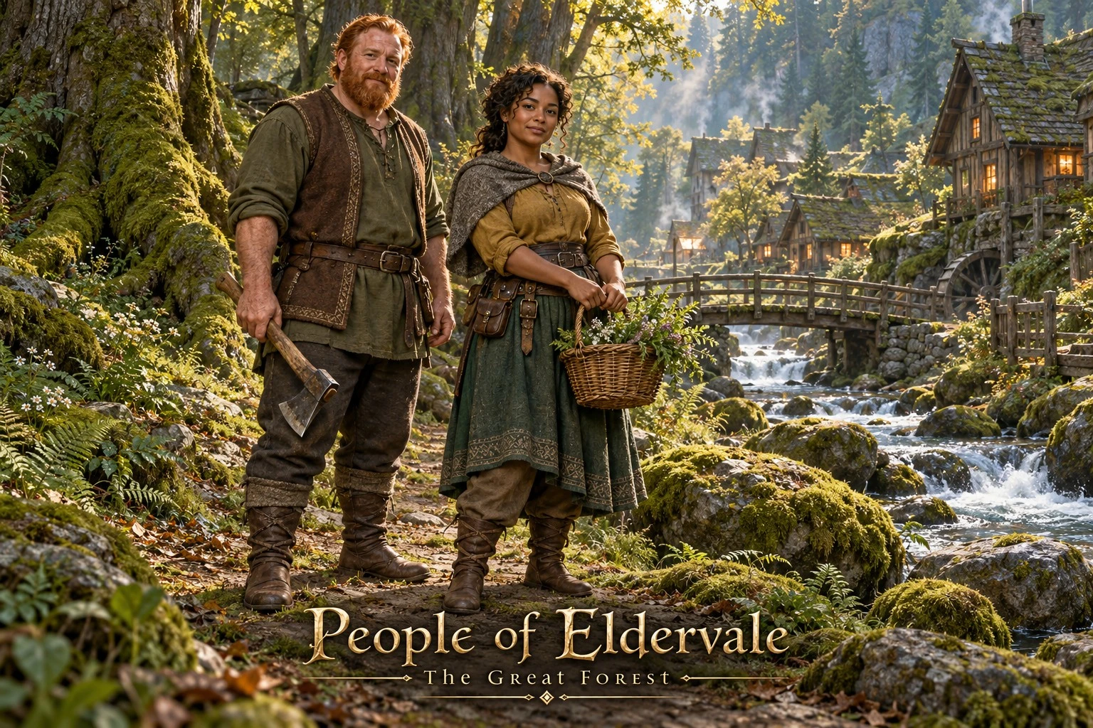 Two woodland residents carrying tools and a basket on a forest village path.