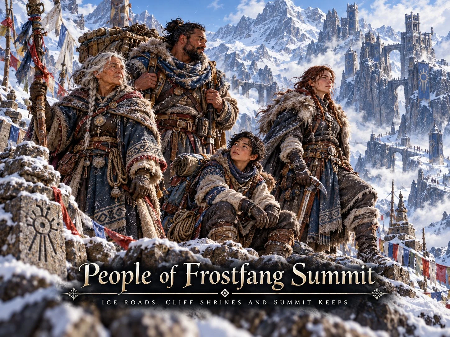 Travelers in heavy fur clothing gather among snow-covered peaks and stone towers.
