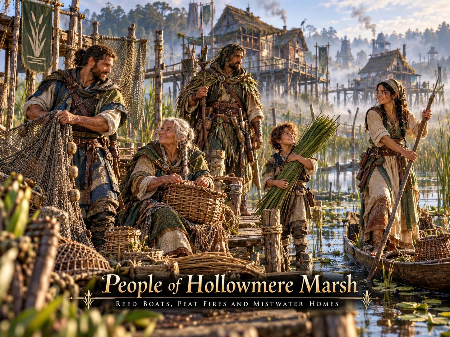 Marsh residents gather beside timber walkways and waterside homes among the reeds.