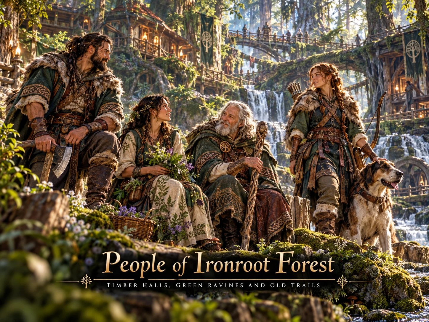 Forest residents in layered woodland clothing gather beneath towering trees.