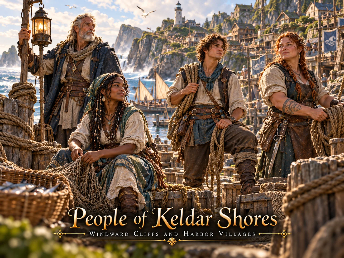 Coastal residents with ropes and travel gear on a harbor dock below a hillside town.