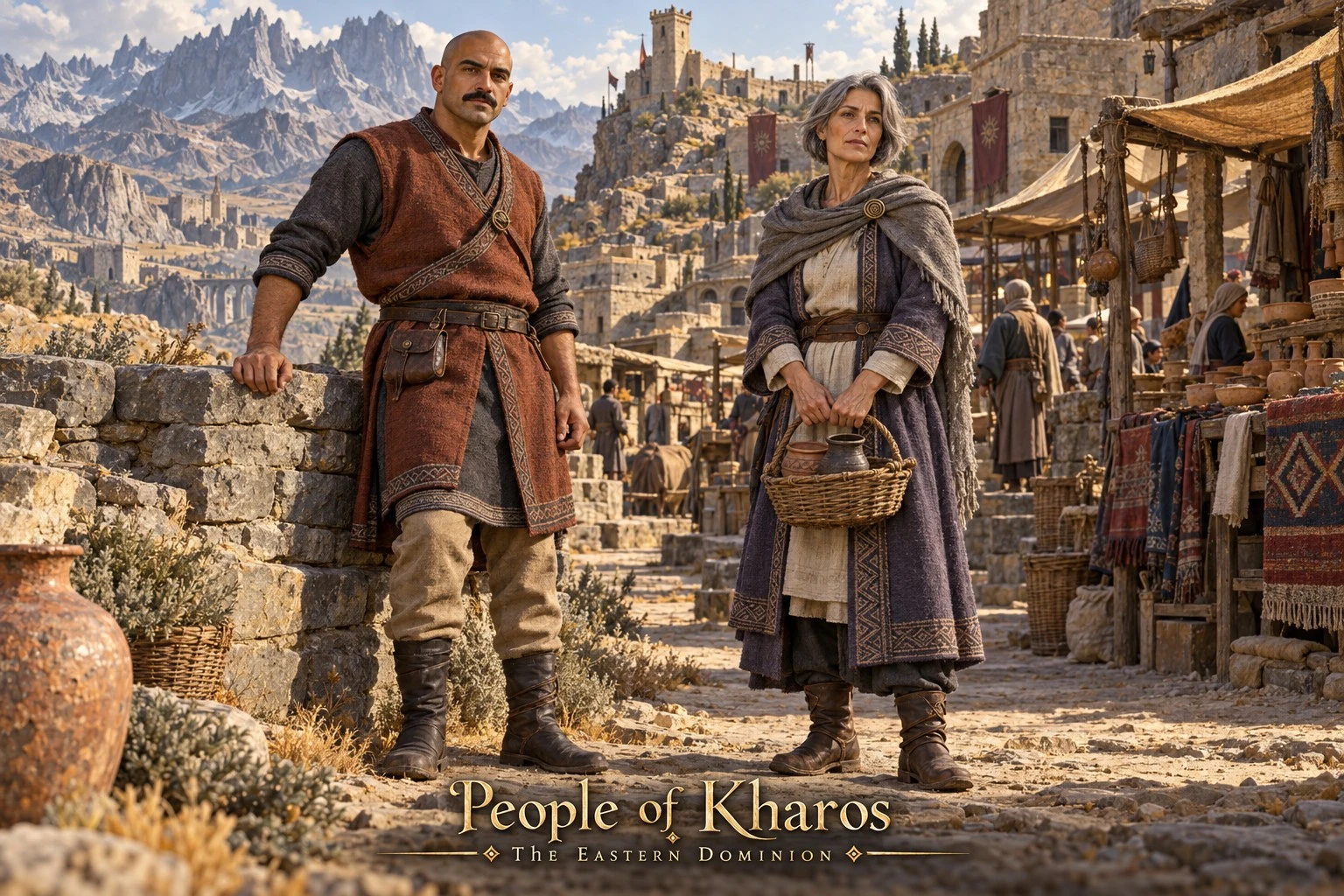 Two townspeople in a mountain market with stone buildings.