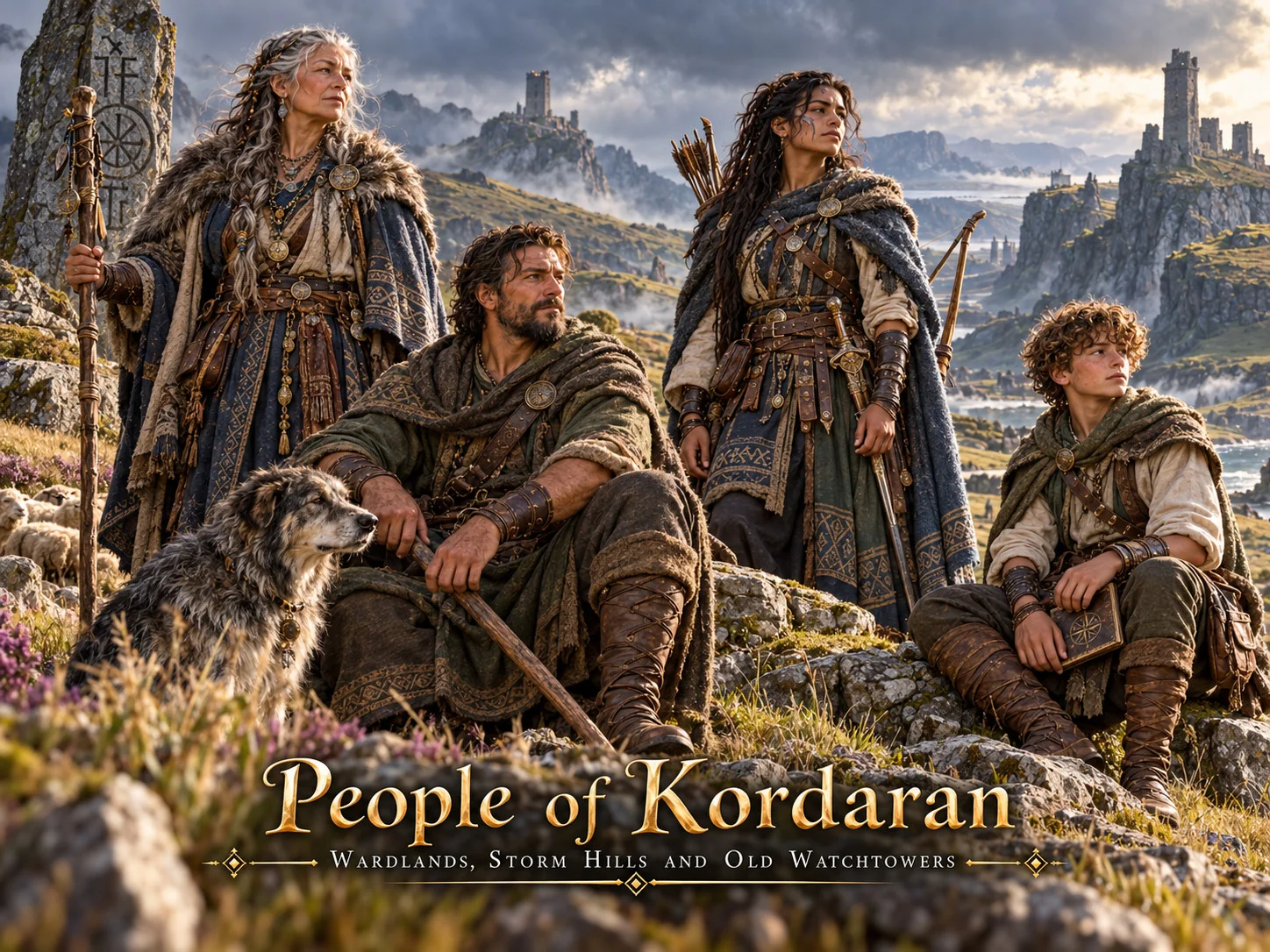Highland residents with weapons and travel gear on a rocky slope below a stone fortress.