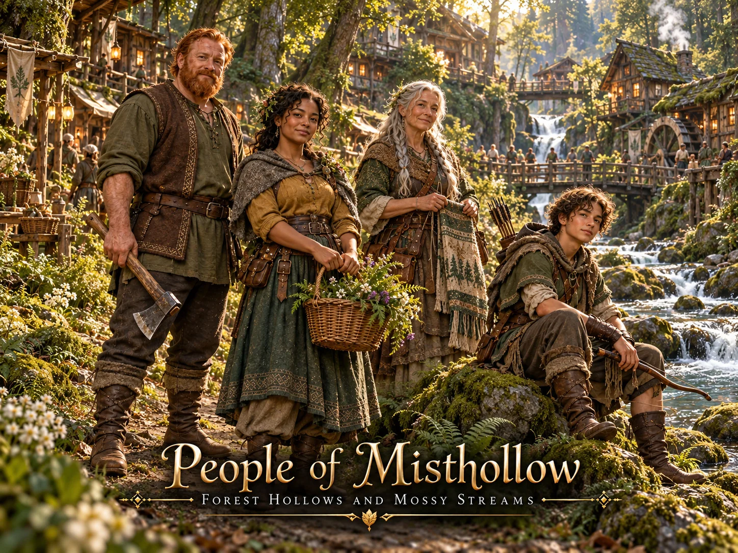 Woodland residents with baskets and tools beside a stream and forest homes.