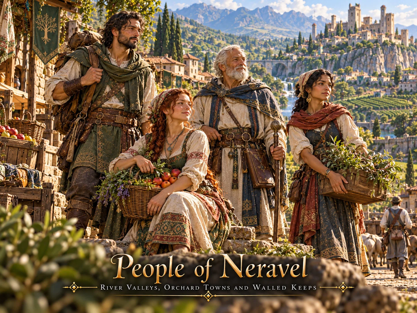 Residents with baskets of produce in a green valley beneath a distant city.