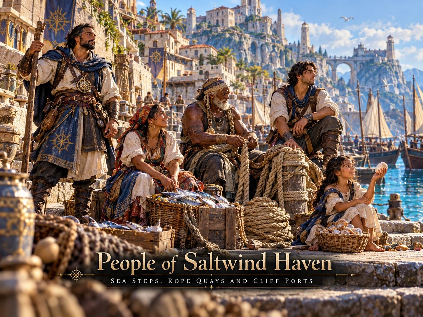 Coastal residents gather beside a harbor with sailing ships and hillside buildings.