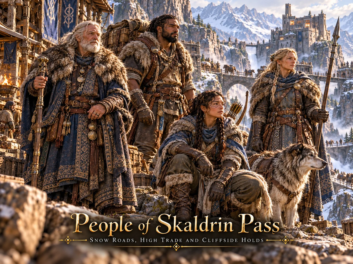 Mountain residents in heavy furs with a pack animal beside a snowy stone settlement.