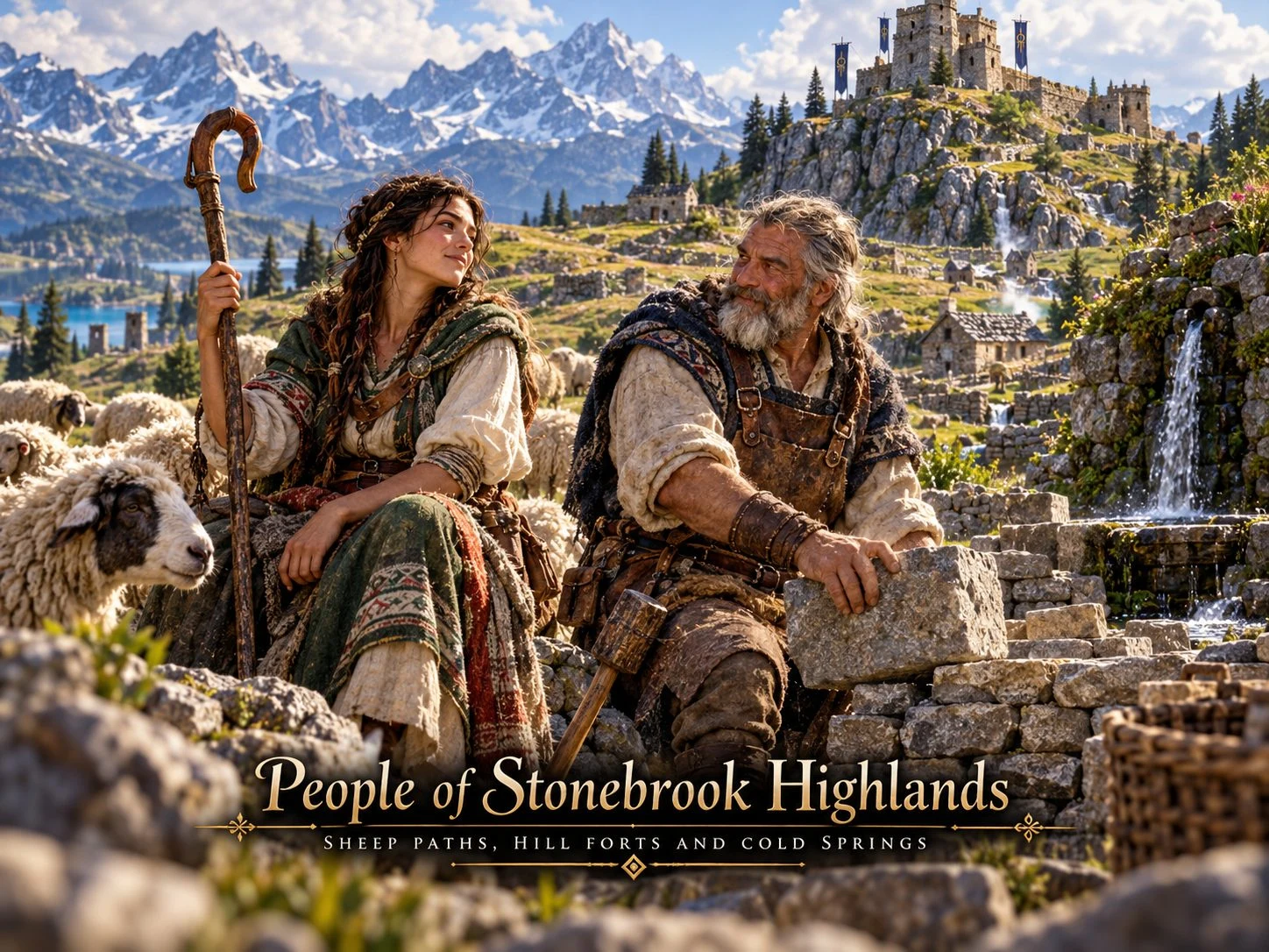 Highland residents gather with sheep on a rocky hillside below a stone settlement.