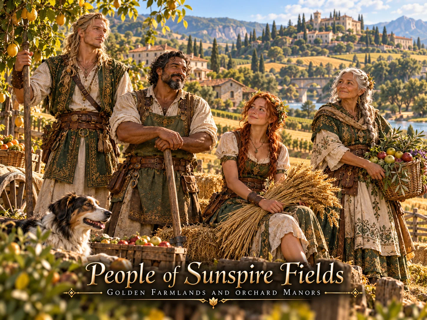 Farmers with baskets and harvested crops in golden fields below a distant town.