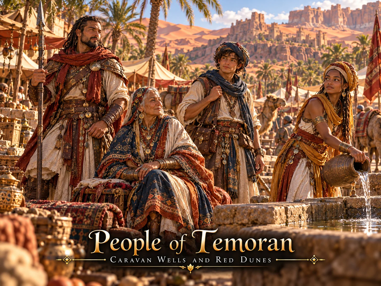 Desert travelers with weapons and supplies at a market overlooking a sandstone city.