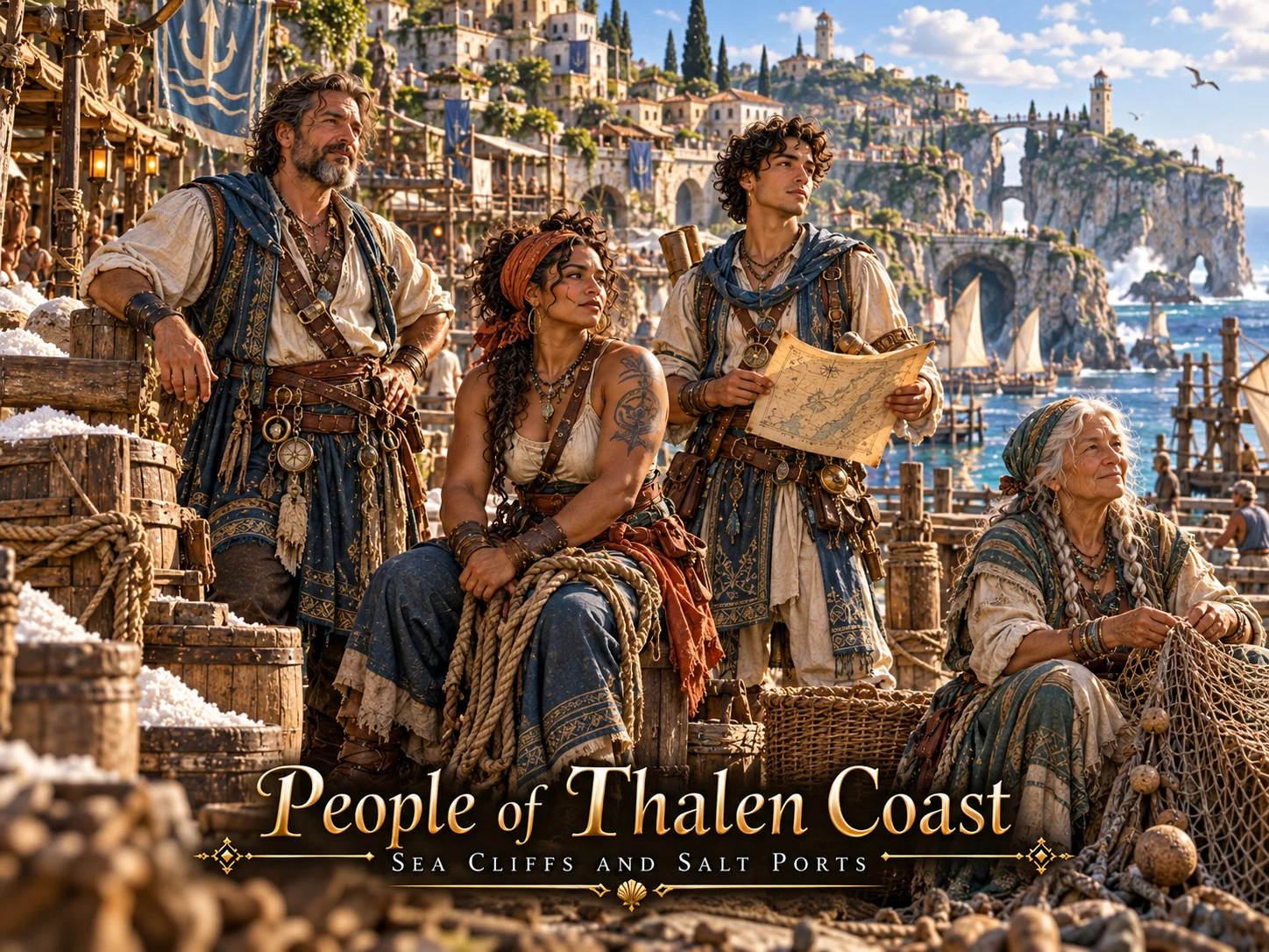 Coastal residents with fishing gear beside a busy harbor and hillside city.