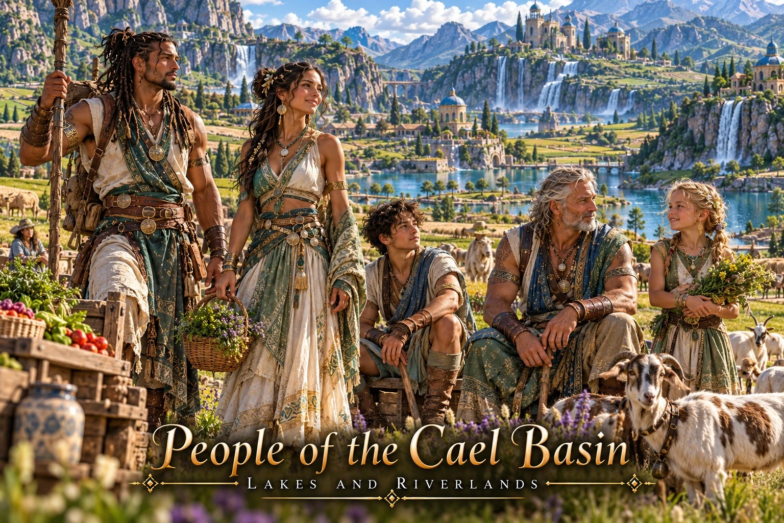 A group gathered beside a lake with green terraces, rivers, and a distant mountain city.