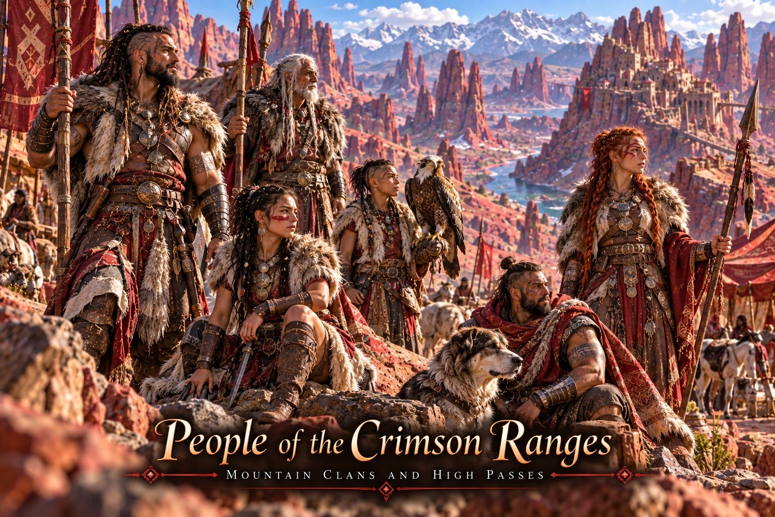 Mountain residents in fur and leather gathered in a red-rock landscape.